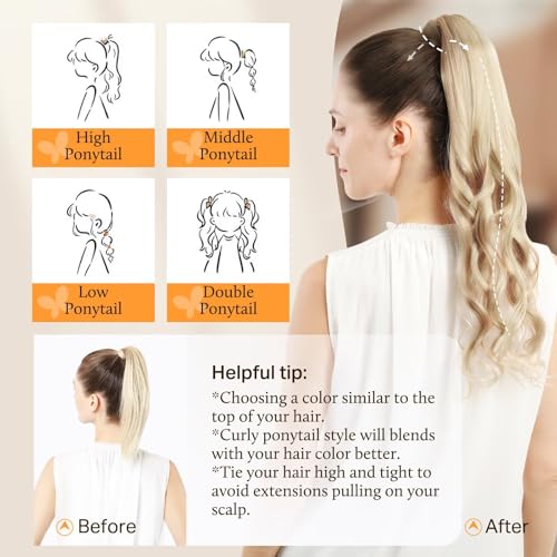 DOORES Human Hair Extensions Ponytail Extension Balayage Light Blonde Highlighted Golden Blonde 20 Inch 90g Clip in Hair Extensions Wrap Around Clip in Straight Ponytail Hair Piece with Magic Paste