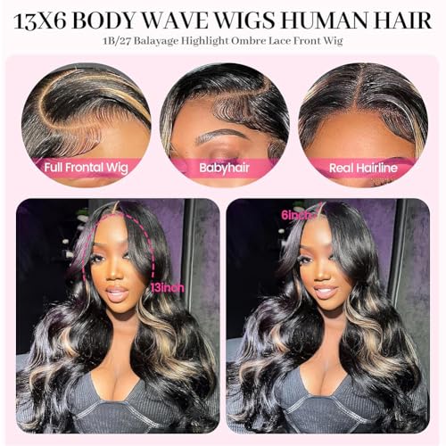 28 Inch 1b/27 Ombre 13x6 Body Wave Lace Front Wigs Human Hair HD Lace 180 Density Glueless Wigs Pre Plucked with Baby Hair
