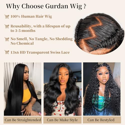 Real Human Hair Wigs 200 Density 13x6 Body Wave Lace Front Wigs Human Hair Pre Plucked HD Transparent Lace Frontal Wigs Natural Black Glueless Wig 34 Inch
