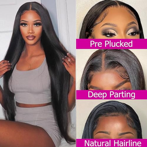 Straight Lace Front Wigs Human Hair 13x4 HD Transparent Lace Frontal Human Hair Wigs for Black Women Brazilian Glueless Wigs Virgin Hair Lace Frontal Wig 180% Density Pre Plucked (32 Inch)