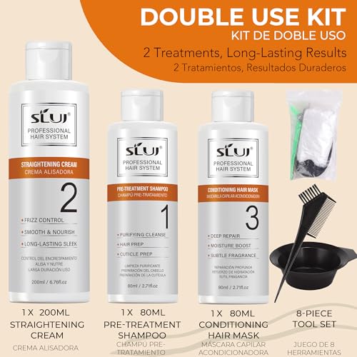 SLUJ Keratin Hair Treatment, Brazilian Straightening Kit with Keratin, Collagen & Hyaluronic Acid,18 Week Home Salon Professional Straightening - Keratina para Alisar el Pelo, Gentle Scent, 2 x Use