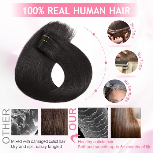Clip in Hair Extensions Real Human Hair,100% Brazilian Remy Human Hair Clip ins for Women, Straight Seamless Double Weft Hair Extensions, Invisible 8pcs, 14 Inch 80g, #1B Natural Black