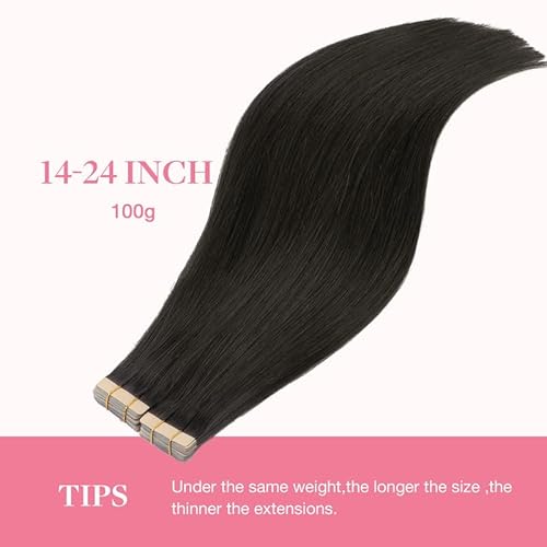 GOO GOO Tape in Hair Extensions Human Hair, 1B Natural black, 20inch 100g 40pcs, Skin Weft Seamless Invisible, Silky Straight with Thick Ends, Remy Human Hair