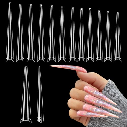 312PCS Extra Long Stiletto Nail Tips for Acrylic Nails Professional, 4XL Half Cover Stiletto Nails Tips, Clear French False Nail Extension, Super Long French Tapered Nails Tip 12 Sizes