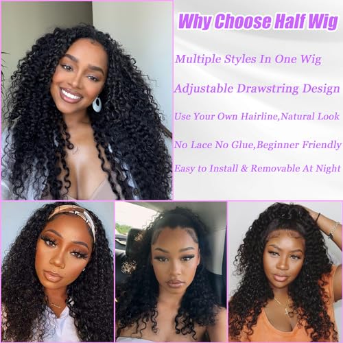 Half Wig Human Hair Deep Wave 3 In 1 Drawstring Seamless Filp Over Curly Half Wig 200% Density Wear and Go Glueless Half Wigs for Black Women Natural Color 20 Inch