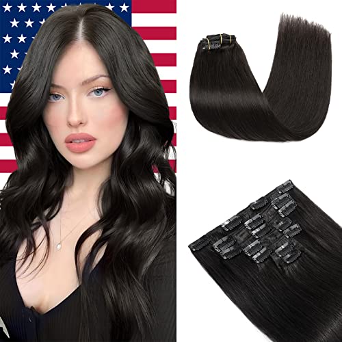 Elailite Clip in Human Hair Extensions, 125g 22 Inch 7pcs #1B Natural Black 100 Real Human Hair, Double Weft Handmade Soft Natural Straight Brazilian Virgin Remy Human Hair for Women