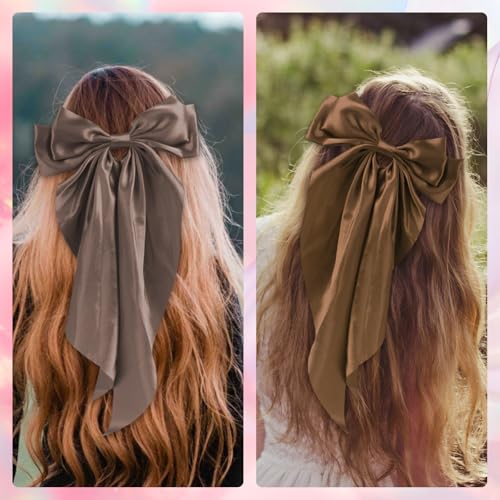 6 PCS Large Hair Bows for Woman Big Silky Satin Ribbon Long Tail Bows Hair Clips Oversized Barrettes for Woman Hair Accessories (6 Colors)