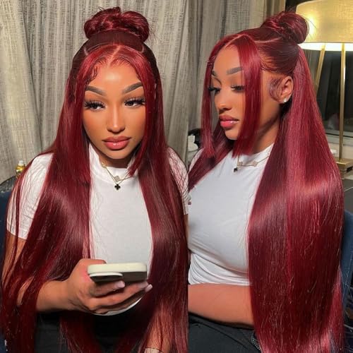 NICY Cherry Red Burgundy 99J Colored 13x4 Lace Frontal Wig Malaysian Straight Transparent Lace Front Human Hair Wigs Pre-Plucked(20inch, 13X4)