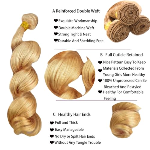 #27 Blonde Bundles Human Hair Loose Wave Bundles 12 12 12 Inch Unprocessed Brazilian Virgin Remy Hair 3 Bundle Honey Blonde Loose Deep Wave Human Hair Extensions 50 Gram Per Bundle