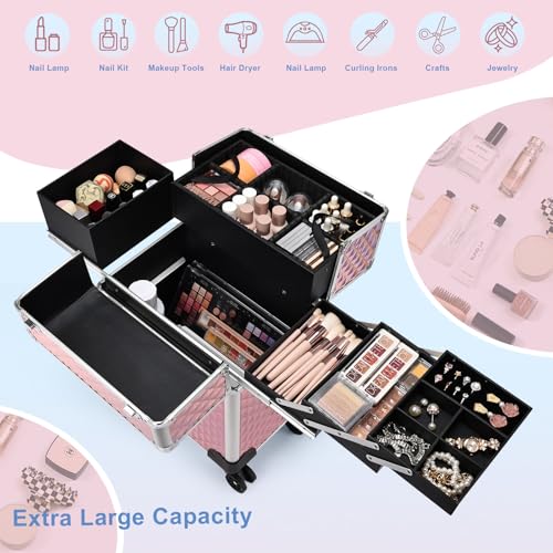 Stagiant Rolling Makeup Train Case Large Storage Cosmetic Trolley 4 Tray with Sliding Rail Removable Middle Layer with Key Swivel Wheels Salon Barber Case Traveling Cart Trunk