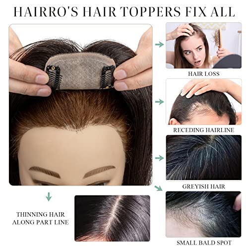 Hairro Human Hair Toppers for Women, Clip in Real Hairpieces, 130% Density 3"x5" Silk Base with Free Parting, for Covering Greyish Thinning Hair Loss/Adding Volume, 10 Inch Medium Brown