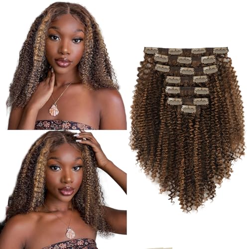 Curly Clip in Hair Extensions Real Human Hair Kinky Curly Clip ins Black Women #P4/27 Drak Brown Highlight Blonde Remy Human Hair Extensions Double Weft 7Pcs 120g 20 Inch