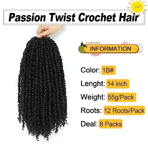 Passion Twist Hair 14 Inch 8 Packs, Pre Twisted Passion Twist Crochet Hair For Black Women, Pre Looped Passion Twist Curly Crochet Hair, Short Crochet Passion Twist Hair (14 Inch (Pack of 8), 1B#)