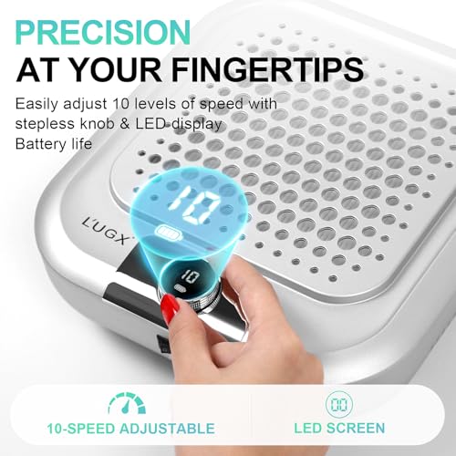 L'UGX Rechargeable Dust Collector Nail Tech with 30 Paper Filters,10-Gear Professional Nail Dust Collector for Acrylic Nails Vacuum Duster Turbo Brushless Extractor Cleaner Fan for Salon & Home Use