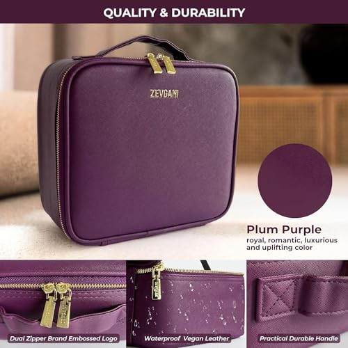 ZEVGANI Travel Makeup Bag with LED Mirror, Rechargeable Lighted Makeup Case with Adjustable Brightness & Dividers, Portable Makeup Box Organizer Vanity Case for Toiletries & Brushes, Plum Purple