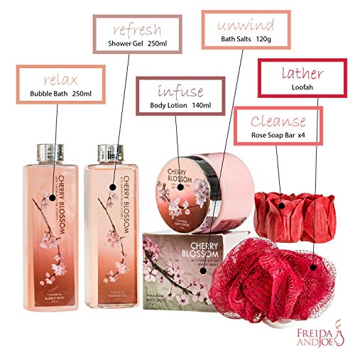 Deluxe Cherry Blossom Spa Basket - Home Spa Set with Bubble Bath, Bath Salts, Body Lotion, Bath Puff, and Rose Soaps in Wooden Curio