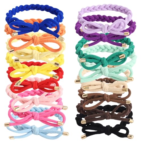 16PCS Braided Hair Ties with Bows, Adjustable Elastics Knotted Hair Rubber Bands, Natural Ponytail Holders, for Women and Girls, 16 Colors