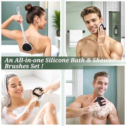Silicone Back & Body & Face Scrubbers Set 4PCS, 15.35¡¯¡¯ Soft Back Scrubber for Dual-Side Usage, Easy-to-Hold Bath Glove Body Scrubber Face Scrubber for Good Foaming & Deep Cleaning(Black)