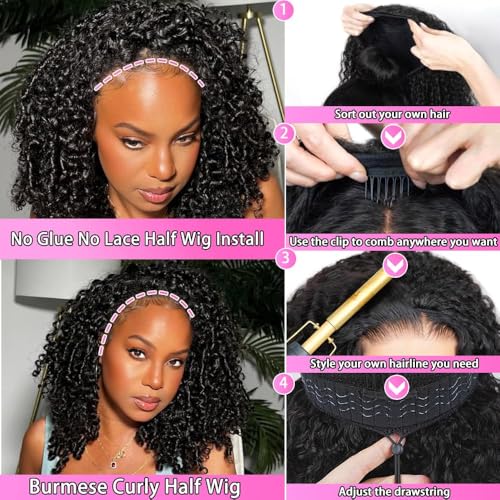 Burmese Curly Half Wig 18 Inch 200 Density Seamless Flip Over Wig Glueless Human Hair Curly 3 In 1 Half Wigs Wear and Go Drawstring Headband Wig for Women Beginner Friendly