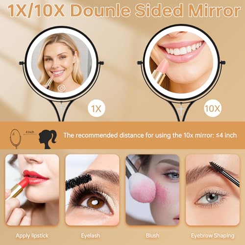 Lighted Makeup Mirror with Magnification, 1x/10x Magnifying Mirror with 3 Color and Blessed Cross, 7" Rechargeable Brightness Dimmable Height Adjustable Vanity Mirror, Christian Women Gift