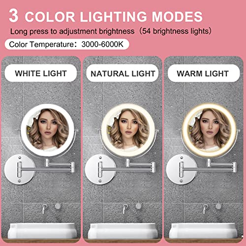 Wall Mounted Makeup Vanity Mirror with Lights, 8¡± Double Sided 1X/10X Wall Mount Magnifying Bathroom Shaving Mirror with 3 Color Lights, Rechargeable Touch Dimmable Extendable Cosmetic