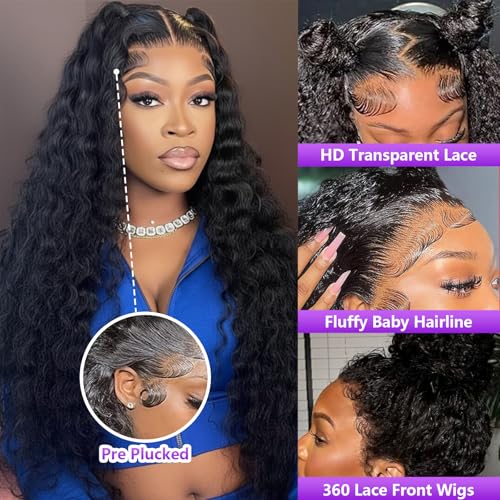 360 Deep Wave Lace Front Wigs Human Hair 200% Density 360 HD Lace Front Wigs Deep Wave Pre Plucked With Baby Hair Curly Full Lace Wig with Adjustable Straps for Women (32 Inch)