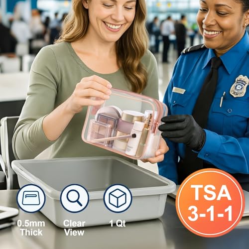 PACKISM TSA Approved Toiletry Bag - Clear Makeup Bags in 2 Size, Durable with Supporting Frame, Perfect for Travel Essentials, Carry-on Airport Airline Compliant Bag, Rose Pink