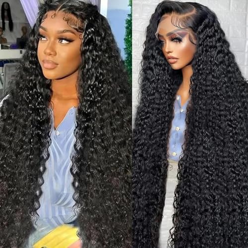 30 Inch Deep Wave Lace Front Wigs Human Hair 13x4 HD Transparent Deep Curly Human Hair Wig for Women 200% Density Deep Wave Frontal Wig Pre Plcked with Baby Hair