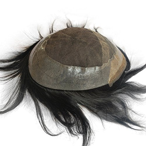 Black Human Hair Toupee for Men 1B Swiss Lace Front Remy Hairpiece Bleached Knots (1B-PUaround)