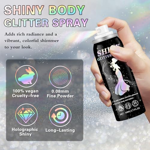 Body Glitter Spray, 60ML Shiny Silver Glitter Spray for Hair Body and Clothes,Long-Lasting Quick-Drying Holographic Ultra Fine Powder Glitter Hairspray for Festival Rave Stage Prom 2.11 Fl Oz