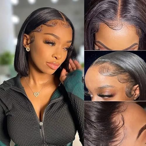 Blunt Cut Bob Wig Brazilian Hair Straight Bob Natura Color Lace Front Human Hair Wig Pre Plucked Pixie Cut Short Bob Virgin Hair 13x6 HD Transparent Invisible Lace Wig 150% Density 8inch