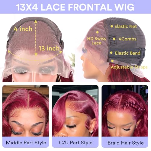 30 Inch 99j Burgundy Lace Front Wigs Human Hair 13x4 HD Red Burgundy Body Wave Wig Human Hair 200 Density Body Wave Lace Front Wigs Human hair Pre Plucked Glueless Frontal Wigs Human Hair for Women