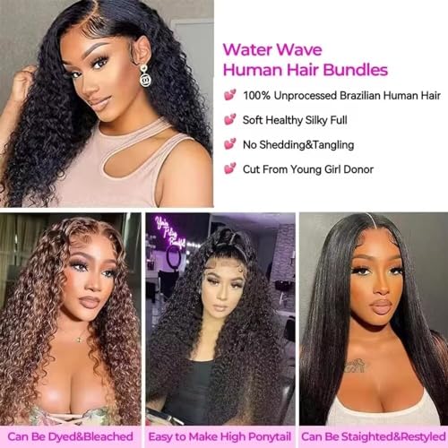 Yavida Water Wave Human Hair Bundles Wet and Wavy Bundles Human Hair Brazilian Unprocessed Remy Hair Water Wave Weave Extensions 18 20 22 Inch Natural Black