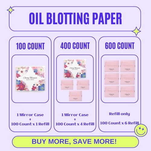 [100 Counts + Mirror Case] Cherry Blossom Natural Oil Blotting Paper for Face Korean with Mirror Case