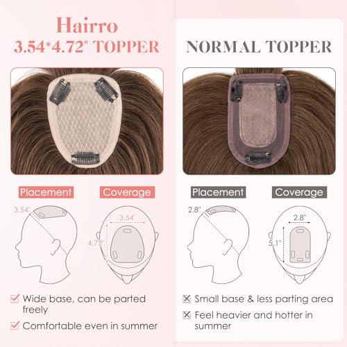 Hairro Human Hair Toppers with Wispy Bangs, 3.5x4.7" Hand-wovened Base for Women with Thinning Hair, Lightweight & Breathable Realistic Scalp, Clip-in Hairpieces for Easy Wear, 9 Inch Dark Brown