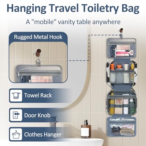 Travel Toiletry Bag for Women with Hanging Hook, Waterproof TSA Approved Cometic Toiletry Bag Organizers Leakproof Make up Bags for Women Cow Print