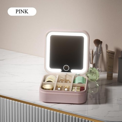 KEMISSY Small Travel LED Makeup Mirror Case Cosmetic Train Case Makeup Organizerwith 3 Adjustable Color Light Settings for Women (Pink)