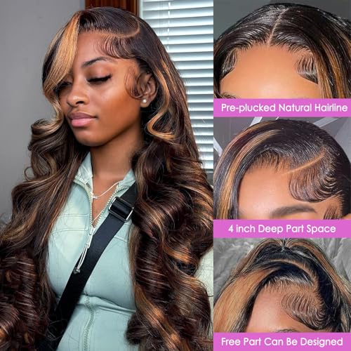 30 inch Highlight Body Wave Lace Front Wigs Human Hair Pre Plucked 200 Density 1B/30 Ombre Frontal Wigs Human Hair 13x4 Transparent Lace Wig Glueless Balayage Wigs for Women