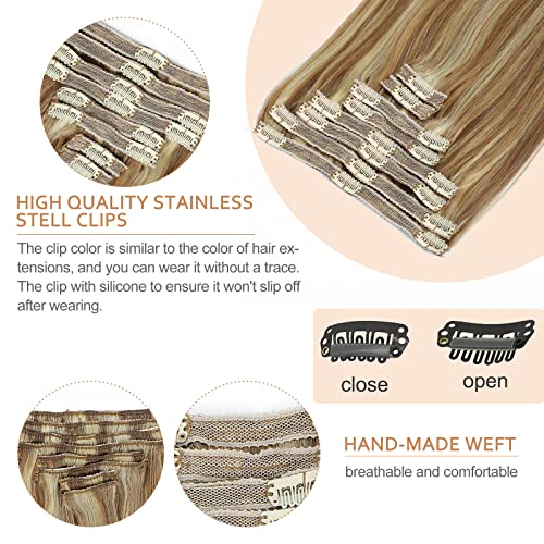 Hair Extensions Clip in Human Hair Chestnut Brown Mixed Blonde Natural Hair 8pcs 120g Remy Human Hair Extensions Clip in Thick Hair Extensions for Woman(6/613,24inch)