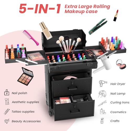 Large Rolling Makeup Train Case, Professional Travel Cosmetology Case on Wheels with Drawers, 3 Tiers Nail Organizers Storage Case for Nail Tech, Tattoo, Hairstylist, Makeup, Extra Large
