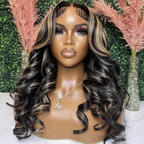 FB/27 28 Inch Highlight Balayage Wig Human Hair 13x4 HD Lace Front Wigs Body Wave Ash Blonde Omber Lace Front Wigs Human Hair Pre Plucked for Black Women 180% Density