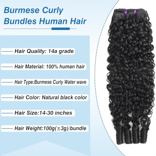 Burmese Curly Human Hair Bundles 100% Unprocessed Wet and Wavy 4 Bundles with Spiral End (16 18 20 22 Inch)14A Virgin Curly Hair Bundle Quick Weave Hair Extensions Real Human Hair Natural Black