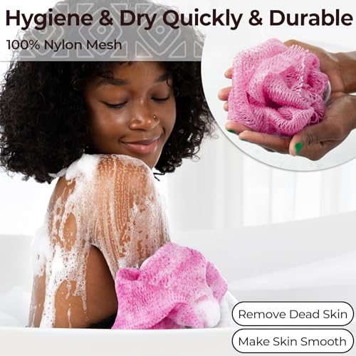 African Exfoliating Net Sponge Authentic - Real African Bath Sponge with Knots and Ropes - Back Scrubber Exfoliator Washer Cloth with Travel Bag - Body Shower Skin Care Essentials for Daily Use