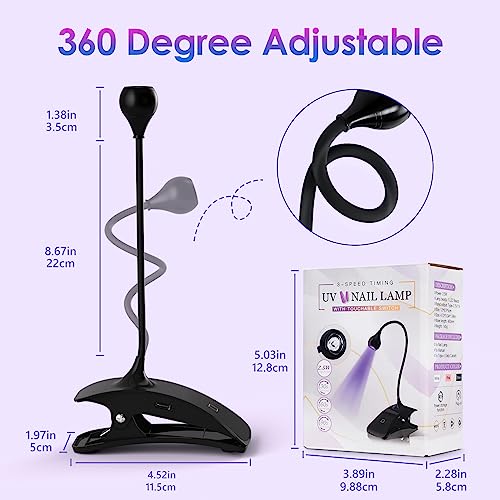 AORAEM UV Nail Lamp 3W Rechargeable Gooseneck UV Light for Gel Nails Touch Flash Cure Lamp Nail Dryer with Clamp, Portable LED Gel Light 3 Level Timing Home Professional DIY Manicure Salon, Black