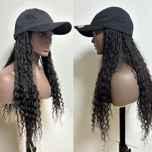 FlowerSeason Human Hair Cap Braided Wigs Human Hair Cap Boho Box Braids Wig with Cap Human Hair Cap Braided Wigs for Black Women Natural Color