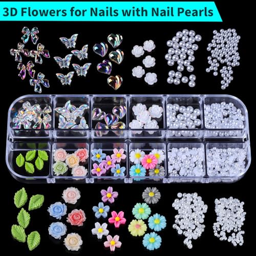Teenitor Nail Charms and Gems Nail Art Tools, 3 Box 3D Flower Nail Charms for Nails Design Tools, Nail Pearls Nails Supplies, Butterfly Bow Nail Charms Nail Decor 3D Nail Art Kit