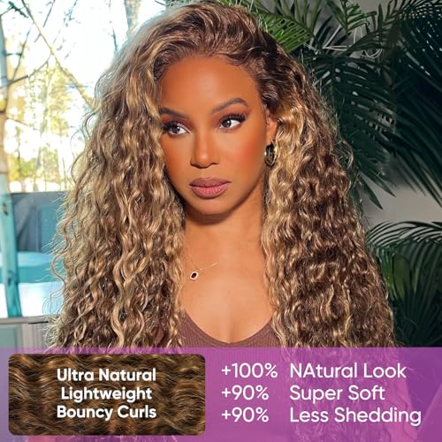 Honey Blonde Deep Wave Lace Front Wigs Human Hair 250% Density 13x6 Curly HD Transparent Ombre Lace Frontal Wigs Human Hair Wet and Wavy Wig Pre Plucked with Natural Hairline 20 Inch