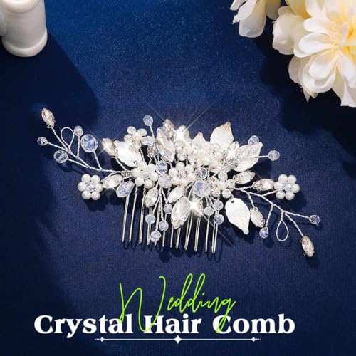 JEAIRTS Crystal Hair Comb Silver Bridal Pearl Headpiece Wedding Hair Accessories for Women