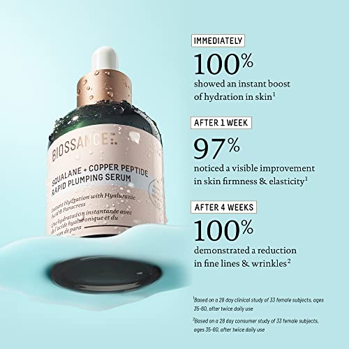 Biossance Squalane + Copper Peptide Rapid Plumping Serum - Face Serum for All Skin Types - Visibly Plumping + Firming Skin, Fine Lines + Wrinkles, Vegan Copper Peptides, Hyaluronic Acid