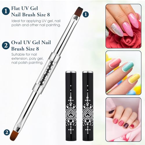 2pcs Hard Gel Nail Brush, French Manicure Brush French Tip Nail Gel Liner Brush, Builder Gel Brushes for Design Nails Dual-Ended Nail Design Brushes Rhinestone Handle Nail Brush Professional Nail Art